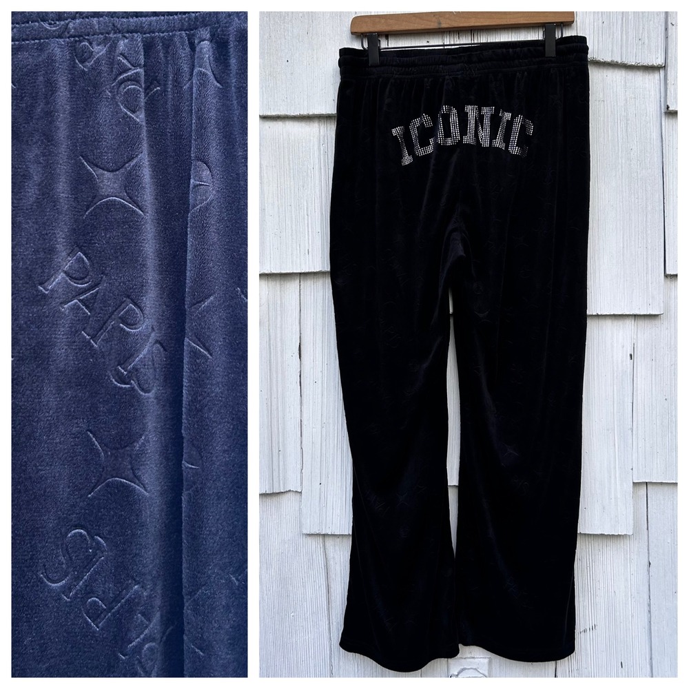 Paris Hilton Velour Track Pants Iconic Rhinestone Logo Black Flare Lounge Size L